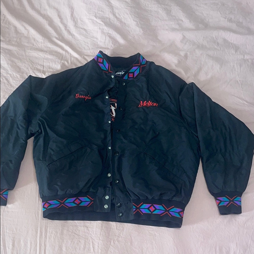 Black Bomber Jacket with Embroidered Details. Vintage trucker jacket . 90s.